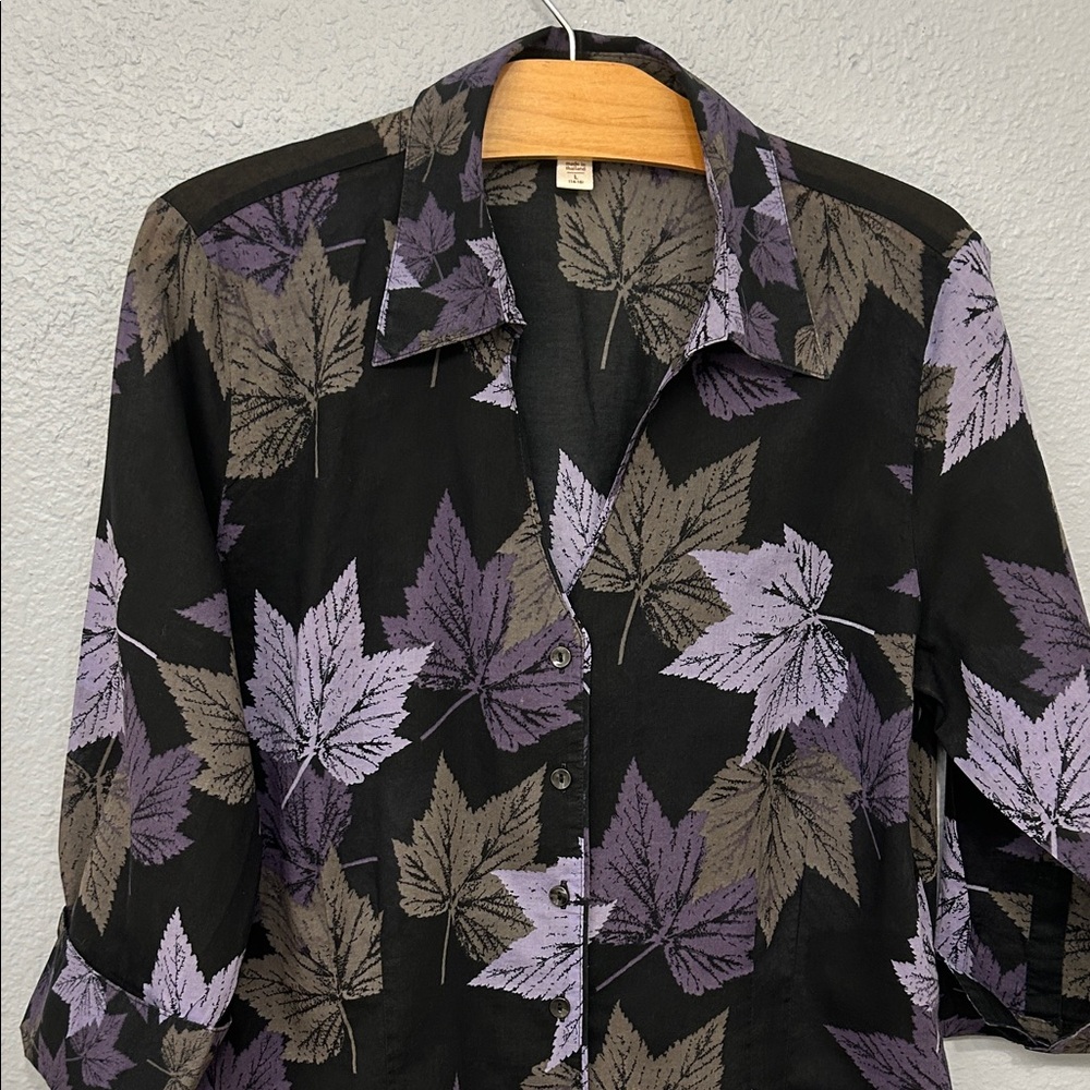 Coldwater Creek Black and Purple Leaf Pattern Top